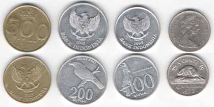 500 рупий 2003 Индонезия; 200 рупий 2003 Индонезия; 100 рупий 1999 Индонезия; 5 центов 2003 Канада
