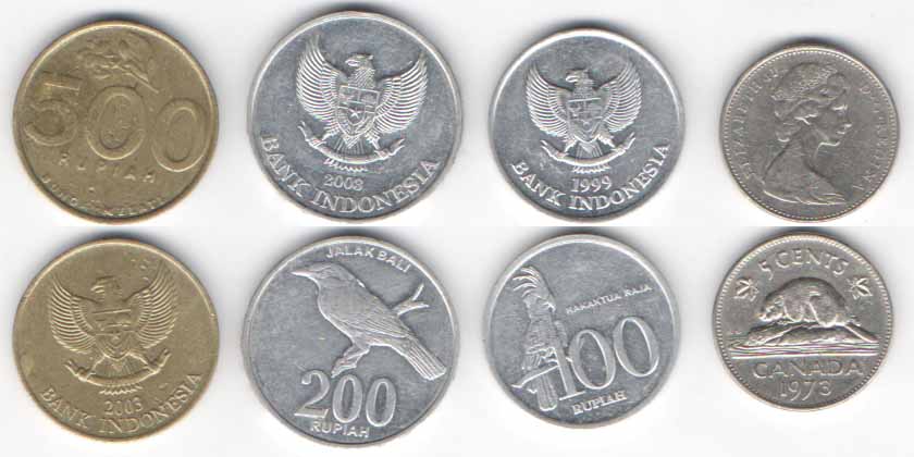 500 рупий 2003 Индонезия; 200 рупий 2003 Индонезия; 100 рупий 1999 Индонезия; 5 центов 2003 Канада