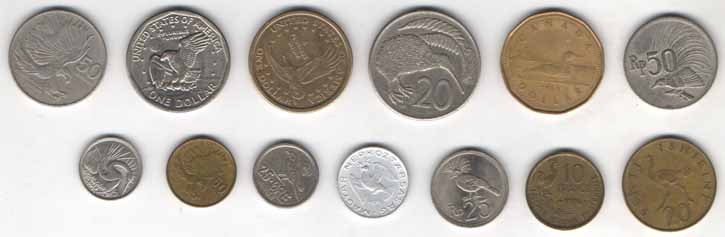 50 сентимо 1983 Филипины, 1 доллар США 1979 года, 1 доллар США 2000 года, 20 центов Новой Зеландии 1981 года, 1 доллар Канады 1989 года, 50 рупий Индонезии 1971 года, 5 центов 1976 года Сингапура, 50 сентимо 1991 Филипины, 25 эре Норвегии 1962 года, 10 филлеров Венгрии 1978 года, 25 рупий Индонезии 1971 года, 10 франков Франции 1955 года, 20 сенти 1977 Танзании